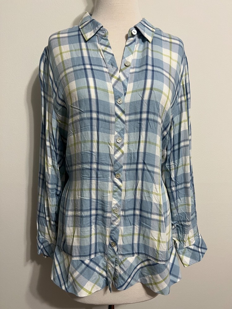 J.Jill Petite Button-Front Tunic Shirt Light Blue Navy White Moss Green Plaid PL