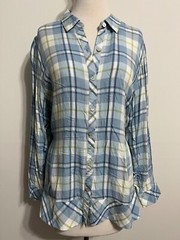 J.Jill Petite Button-Front Tunic Shirt Light Blue Navy White Moss Green Plaid PL