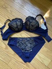 Comexim Clara Plunge Bra Set 30GG/XL Navy Blue Floral Lace Underwired