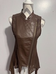 Cotton Express Brown Sleeveless Faux Leather Zip Front Mesh Tie Hem Vest L