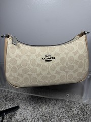 Coach Signature Beige Small Crescent Shoulder Bag Zip Closure Chain Strap