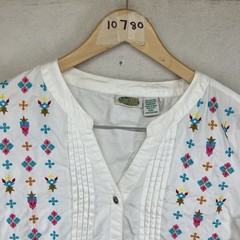 Collections Etc. Women’s White Multicolor Embroidered Button L/S Blouse 2XL