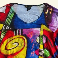 Vintage Y2K Valentina Signa Rhinestone Abstract Music Print Art Tunic Top Size M