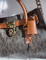Michael Kors Brown/Gray Monogram Satchel Top Handle Chain Strap Key Detachable