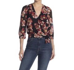 Madewell Women’s Floral Wrap Blouse – Black/Red/Pink, V-Neck, 3/4 Sleeve, Tie