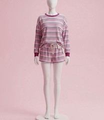 Natori Striped Long Sleeve Lounge Set Crew Neck Drawstring Shorts Pink XL