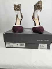 Vince Camuto Purple Suede Pointed Toe Heels with Gold Ankle Straps Size 7.5M