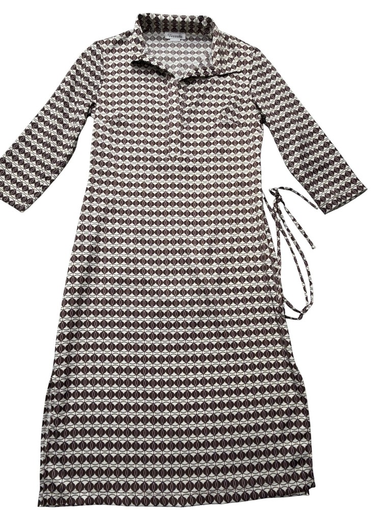 Tessuto Dress Womens 6 Brown White Geometric Shirt Dress Rayon Made USA