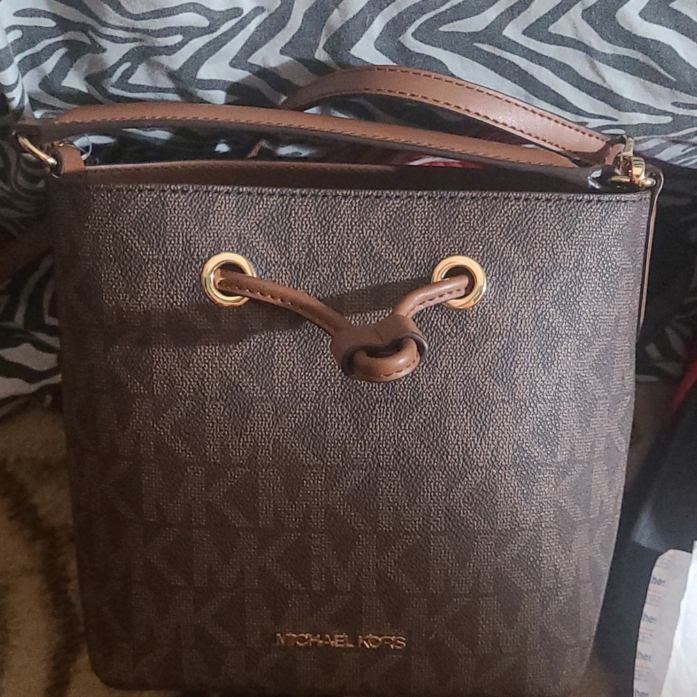 Michael Kors Brown Logo Drawstring Bucket Crossbody Bag, Detachable Strap