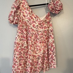 Free People Women’s M Mini Dress V-Neck Puff Sleeve Floral Ivory Pink Purple