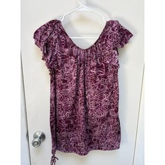INC International Concepts Y2K Purple Paisley Floral Blouse Ruffle Cap Sleeve L