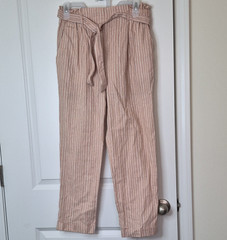 Sienna Sky Pink/White Striped Paperbag Tie Waist Pants L Pockets 23″ Inseam