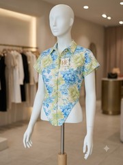 R&F Rich & Famous Floral Button-Front Collared Blouse Blue GreenWhite L