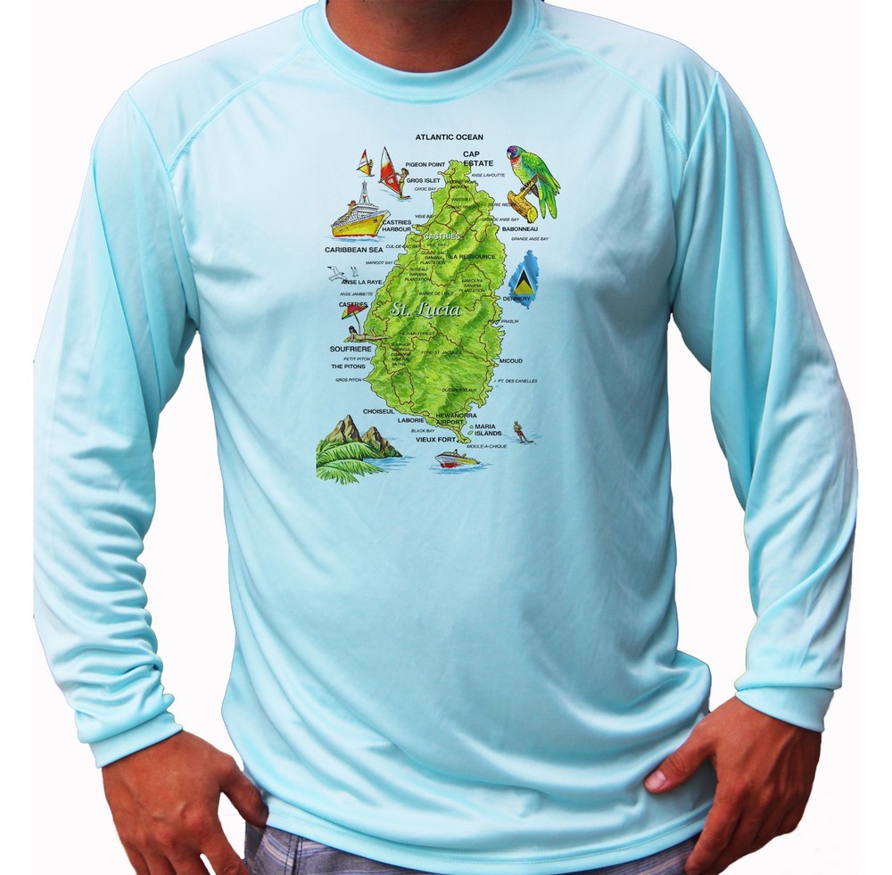 St Lucia Map Island Sport Long Sleeve UPF 50 T-Shirt UV Protection Beach