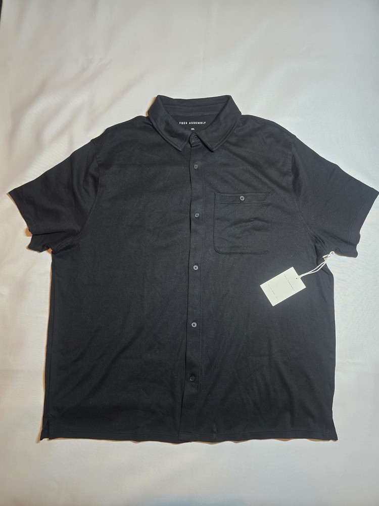 Free Assembly Men’s Black Short Sleeve Button Front Shirt 2XL Casual Knit Pocket