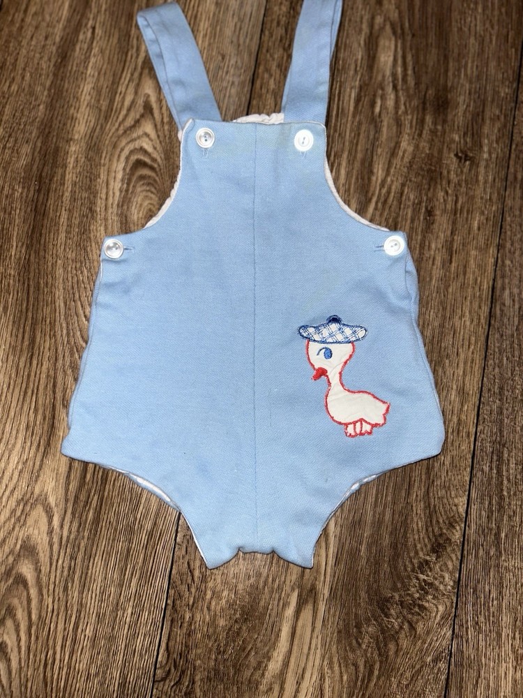 Vintage Baby Boy Blue Sunsuit Romper Duck Goose Appliqué Handmade Heirloom