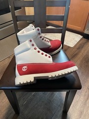 Custom made Timberland Men’s US 12 Work Boots Leather Colorblock Red/White Ankle