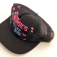 Fantasies Fulfilled Here retro snapback hat black neon pink blue screen printing