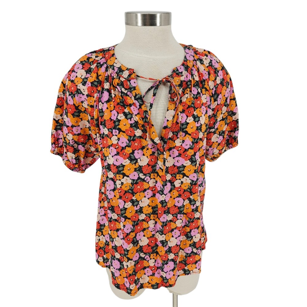 Ann Taylor LOFT Shirt Floral Puff Short Sleeve Tie V Neck Peasant Top Small