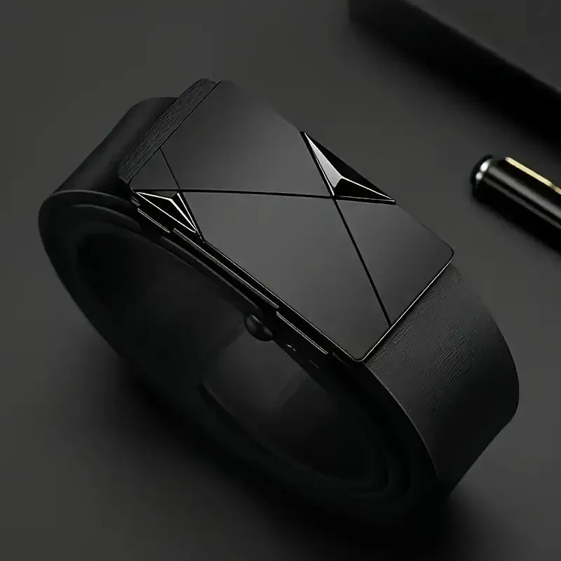 Men’s Automatic Buckle Belt Luxury Black Leather Ratchet Waist Belt Gift