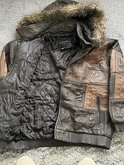 Tanners Avenue Men’s Patchwork Leather Bomber Jacket Hooded Full Zip XL Brown