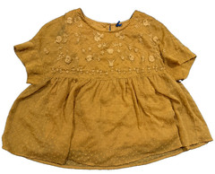 Chumbak Yellow Embroidered Chiffon Round Neck Short Sleeve Lined Blouse M