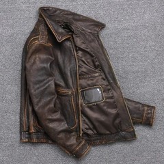 Men’s Vintage A2 Bomber AIR Force Style Waxed Tan Brown Real Leather Jacket