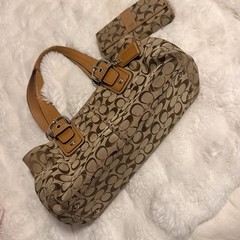 Coach Signature Logo Satchel Top Handle Tan/Brown w/ Snap Wallet & Charm