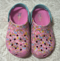 Lisa Frank Rainbow Unicorn Classic Crocs with a vibrant pink and blue scheme