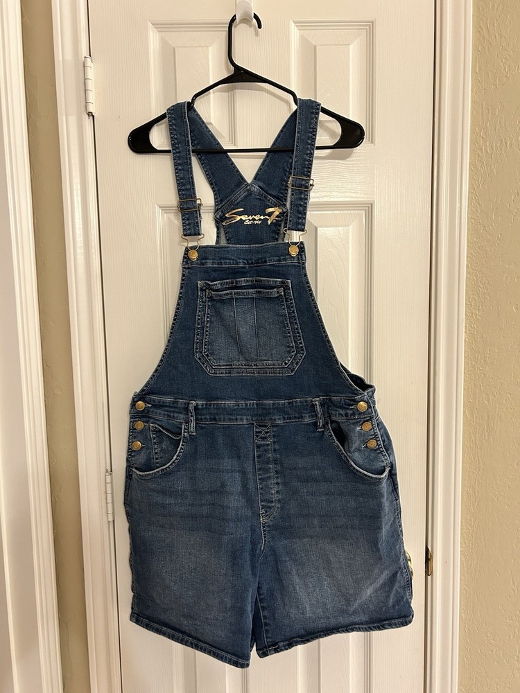 NWOT Ladies Seven7 Denim Cotton Stretch Jean Bib Overall Shorts Size 14