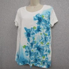 Hannah Womens XL Short Sleeve Round Neck Blue Flower Shirt Blouse