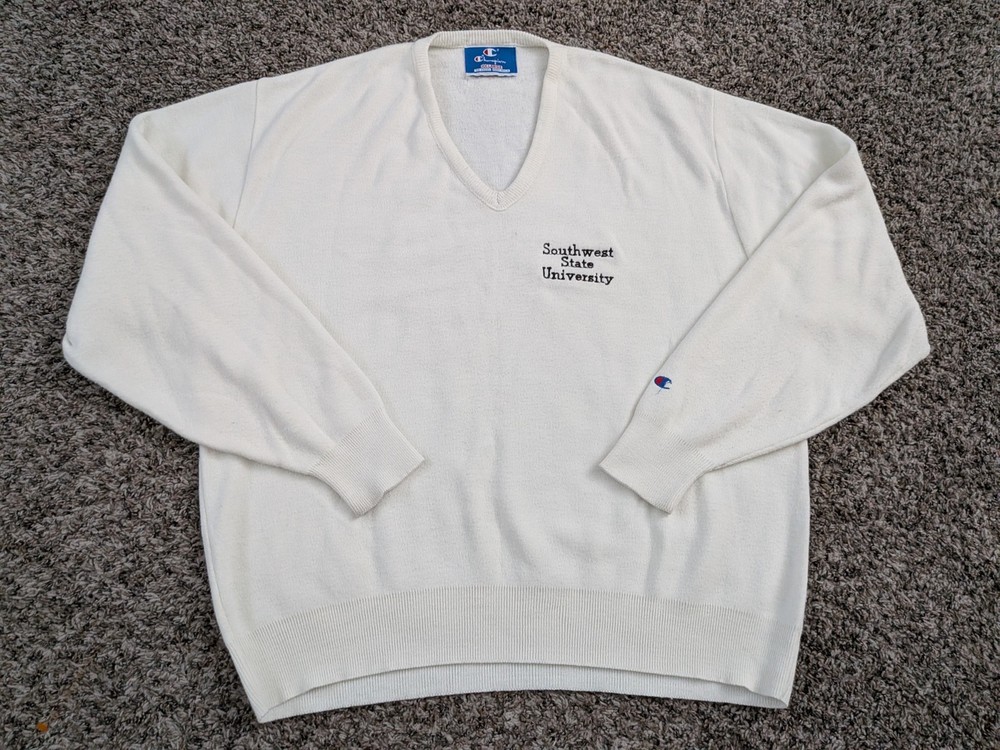 Vintage Champion Southwest State University Sweater V Neck Ivory White XXL USA