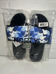 NWT! NORTY Footwear Blue & Black Horse Print Slide Sandals Size 10