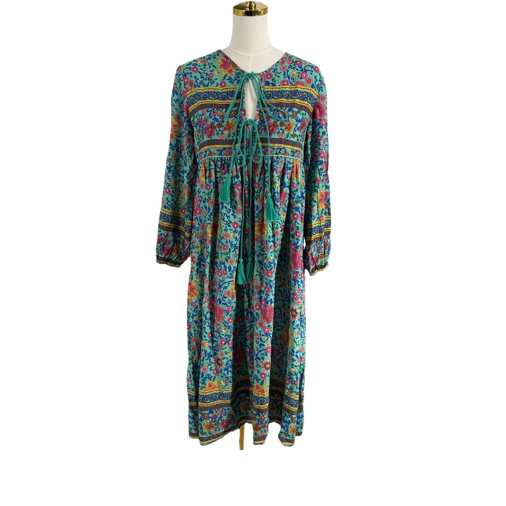 R Vivimos Womens Midi Dress Small Colorful Floral Tassled Boho Hippie Peasant