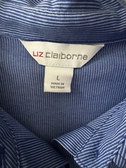 LIZ CLAIBORNE Women’s Size L Blue Stripe Button Front S/S Stretch Knit Top NWT