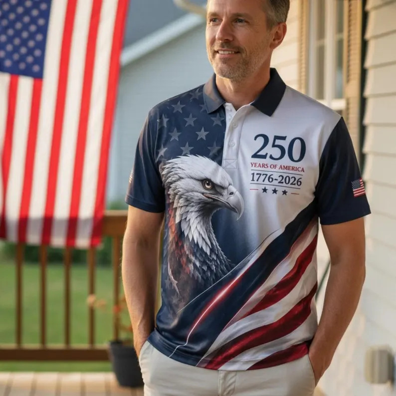 USA 250 Years Of America Polo Shirt , Eagle 1776-2026 American Flag Polo Shirt