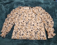 Ann Taylor Factory M Beige/Black Floral Chiffon Lined Ruffle Sleeve Blouse
