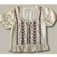 Abercrombie & Fitch Boho Embroidered Peasant Top Size M Cream Floral Puff Sleeve