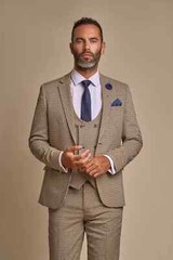 Mens Cavani Elwood Beige Houndstooth 3 piece Wedding Prom Fashion Suit 36-52