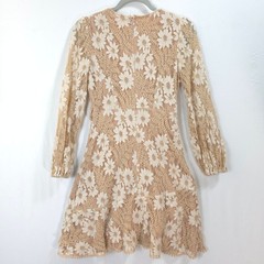Floral Lace Mini Fuax Wrap Dress Women Ruffle Tan Cottagecore Boho Romantic