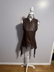 Cotton Express Brown Sleeveless Faux Leather Zip Front Mesh Tie Hem Vest L