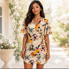 BCBGeneration Floral Mini Wrap Dress Juniors L V Neck Rayon Summer Event Party
