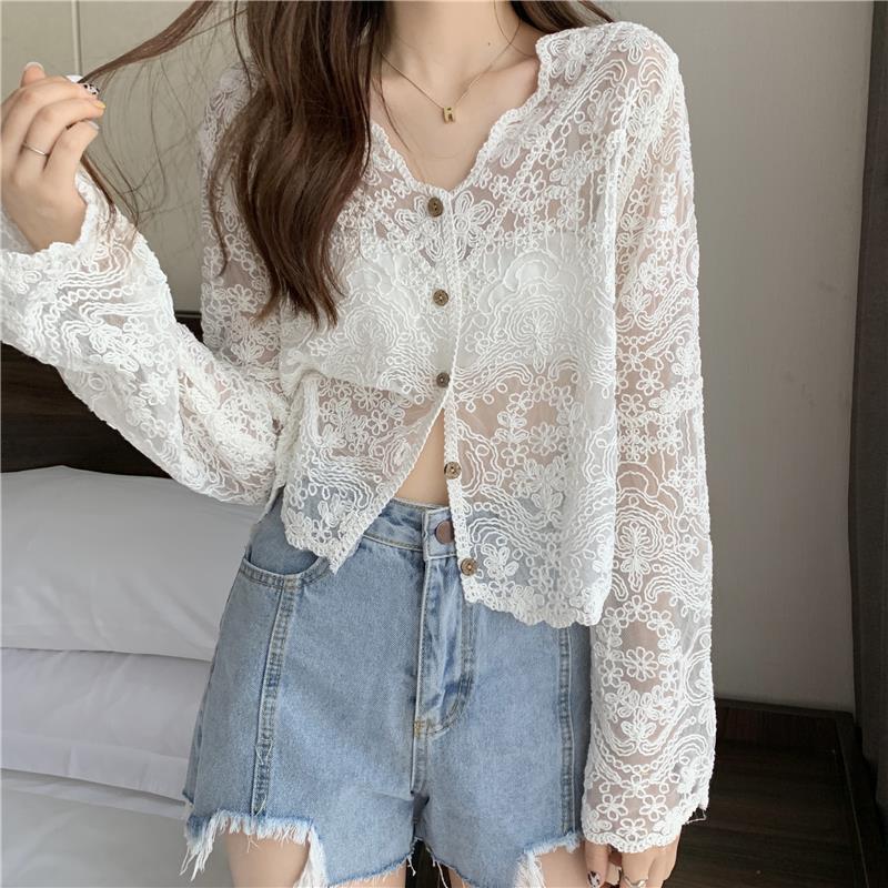 Ladies Lace Crochet Cardigan V-neck Hollow Knitted Embroidered Crop Top Shirt