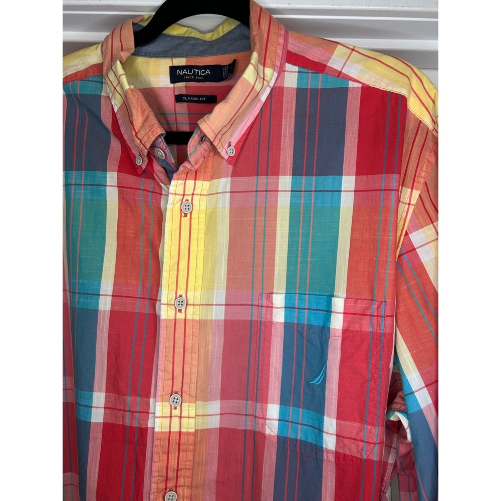 Nautica Mens XL Classic Fit Madras Plaid Button Down Shirt Multicolor Nautical