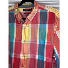 Nautica Mens XL Classic Fit Madras Plaid Button Down Shirt Multicolor Nautical