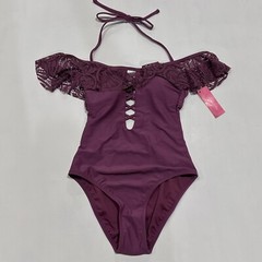 Xhilaration Juniors’ Lace Off The Shoulder Halter One Piece Swim Suit – Berry XL