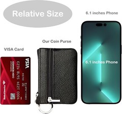 NEW Black Small Leather Coin Purse Change Pouch with Zipper and Key Ring, Unisex