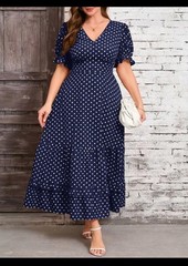 NWT clasi brand Blue White Dot A-Line Dress V-Neck Puff Shortslv Ruffle maxi 3xl