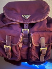 Prada Backpack Bag Tessuto Burgundy Red Double Pocket Triangle Plate Nylon