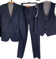 Mens Vitarelli 3-Piece Denim Suit 38L Jacket 32L Pants Blue RHH10573 EUC Italy